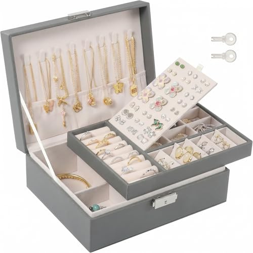 WRSION Jewellery Box Organiser, 2 Layer Jewelry Organizer with 2 Keys, Large PU Leather Jewelry Storage Case with Removable Tray for Rings Earrings Necklace, Jewellery Box for Women Girls (Grey)