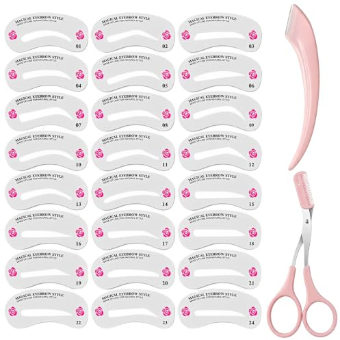 YUGYNE Kit Pochoir Sourcils Femme 24 Formes avec Ciseaux et Rasoir Incurvé, Set de Modelage et Dessin des Sourcils Réutilisable pour Débutants, Outils d'Épilation et Maquillage Précis
