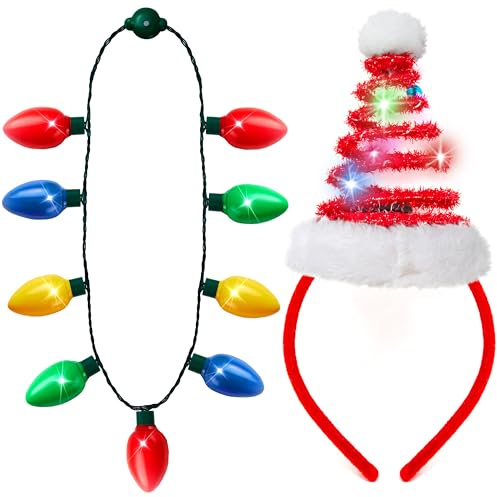 JOYIN 2 Pcs Christmas Lighted Necklace and Santa Hat Headband, Christmas LED Necklace with 9 Bulbs and Xmas Headwear for Holiday Perties Xmas Costume Accessories Party Favors