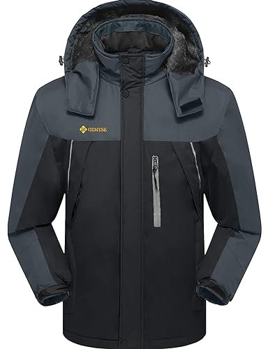 GEMYSE Herren wasserdichte Winterjacke ohne Reißverschluss(Schwarz und Dunkelgrau,L)
