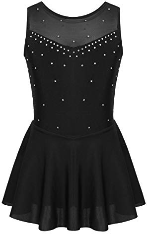 Freebily Vestito Pattinaggio Artistico Bambina Senza Maniche Strass Body Ginnastica Artistica Ballerina Tutu Danza Classica Balletto Abito Ballo Latino Dancewear Nero 13-14 Anni