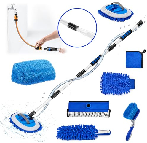 Farafox Car Cleaning Kit,62'' Car Wash Brush with Long Handle,Complete Car Cleaning Brush Kit Microfiber Cleaning Head & Extra-Thick Aluminum Extension Pole for Car, Truck, SUV, RV