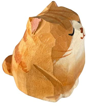 ALHBEJT Wooden Cat Figurines Sculpture Statue Lovely Small Carved Orange Cat Statue Handmade Wood Kitten Art Carving Work for Home Office Decoration (Little Orange Cat)