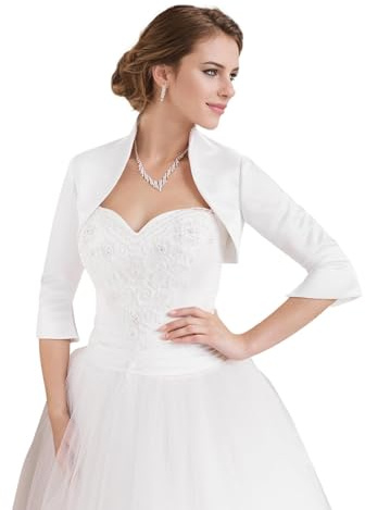 Gvnykany Fitted Wrap Bolero Style Bridal Wedding Satin with 3/4 Sleeve White L
