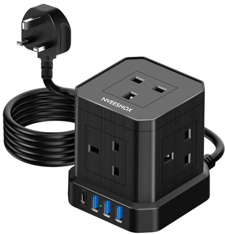 Cube Extension Lead with USB, NVEESHOX 5 Way Multi Plug Extension Cable with 3 USB A & 1 USB C (PD 20W), UK Power Strip Surge Protected Extension with Switch and 2M Cable Cord for Home, Travel, Office