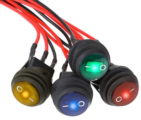 4 Stück Wasserdichter Rund Kippschalter, 12V 20A SPST 3Pins Lichter und 4 Farben LED Schalter ON/OFF Wippschalter mit 20 CM Vorverdrahtet für Auto, Boot, LKW, Haushaltsgeräte, Wohnmobil