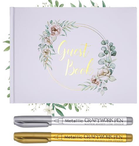 Kssvzz Wedding Guest Book 60 Sheets, Large Wedding Scrapbook with 2 Pens, Memory Wedding Book for Guest to Sign, Wedding Guestbook with Wreath Design