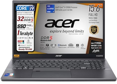 acer Notebook, Cpu Intel Core i9-13900H, RAM DDR5 32Gb, Display 15,6 FHD antiriflesso, Svga IrisXe, SSD Nvme 1Tb, WI-FI6E, Tastiera retroilluminata, fingerprint, Usb 40Gb/s, Win 11 - Pronto all'Uso