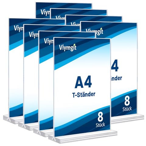 Viymgit 8 Stück Aufsteller DIN A4, glasklarer T-Ständer Hochformat Acryl A4 Werbeaufsteller, Tischaufsteller für Werbung, Speisekarte, Hinweisschild