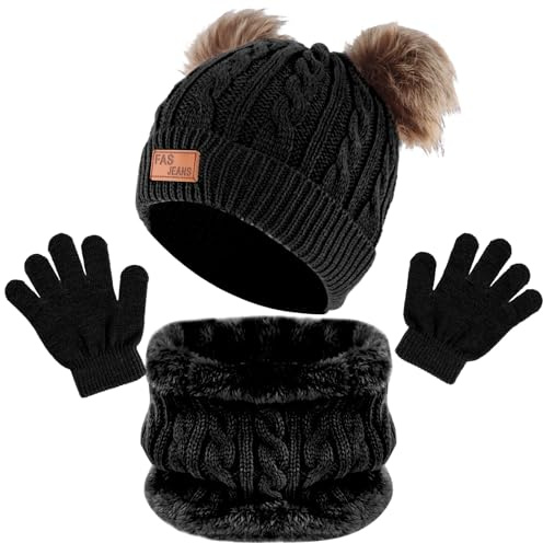 Chstarina Conjunto de Bufanda y Gorro y Guantes Bebe,Gorro de Punto Térmicos Guantes y Bufanda con Forro Polar, Invierno Cálidos Beanie Bufanda Sombreros y Guantes con Pompon para Niños, Niñas (Negro)