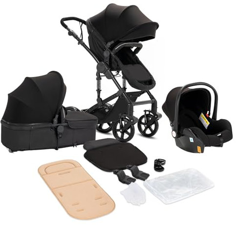 Sianldcone Kinderwagen 3 in 1, Hochwertige Stoffe Kinderwagen Set, Zwei-Wege-Schiebefunktion Reisesysteme, Offene Sicht Kombikinderwagen 3 in 1 Komplettset (588 Black)