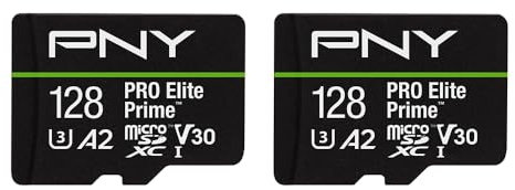 PNY Paquete de 2 Tarjetas microSDXC 128GB Pro Elite Prime Class 10 U3 V30 A2 + Adaptador SD - hasta 200MB/s, Class 10, U3, V30, A2, 4K UHD, Full HD, UHS-I