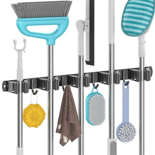 Juspota Accroche Balai Mural sans Percage, Porte Balais Mural avec 5 Supports et 4 Crochets, Support Balais Mural avec Vis, Attache Range Balai Mural, Range outils de jardin, Noir