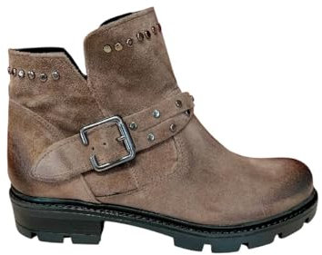 Divine Follie DF 584 Taupe Tortora Pelle Scamosciata Stivaletti Bikers Bassi alla Caviglia da Donna con Cerniera Suola Carrarmato Scarpe Stivali Borchiati Fibbia Effetto Vintage (37)