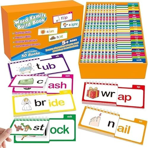 Phonics Flash Cards, 30 Read and Rhyme Flip Books, Early Educational Alphabet Flash Cards for Kids, Word Family Building Reading Book, Reading & Learning Phonics Game for Kids