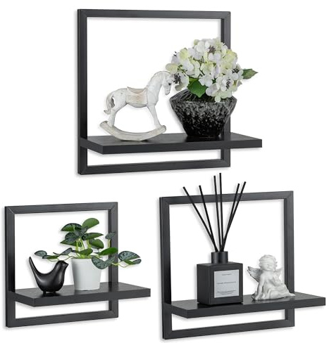 Walasis Regal Wand Schwarz Metall: 3er Set Quadratische Wandregale Holz - Modern wanddeko für Wohnzimmer Badezimmer Schlafzimmer Ecke