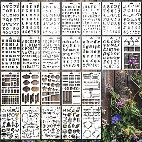 Set di 24 stencil con lettere e numeri, riutilizzabili, per bullet journal, scrapbooking, diario, calendario fai da te, 17,8 x 10,1 cm