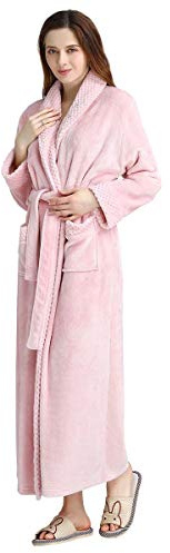 Hellomamma Bata de baño larga para mujer, de felpa suave, de forro polar, camisón para mujer, pijama, ropa de dormir, Rosado, L-XL