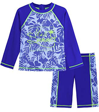 IKALI Kinder Jungen Badeanzug Bademode, Lange Ärmel Zweiteiliger Uv-Schutz Bade-Set Hawaiischer Druck Badeshorts