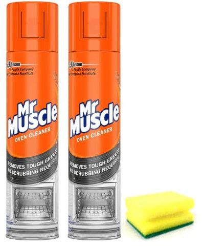 Mr Muscle Oven Cleaner Spray (2X 300 ML)- Oven BBQ Cleaner Degreaser- for Tough Grease, Grime With Degreaser Sponge (Pack of 2)