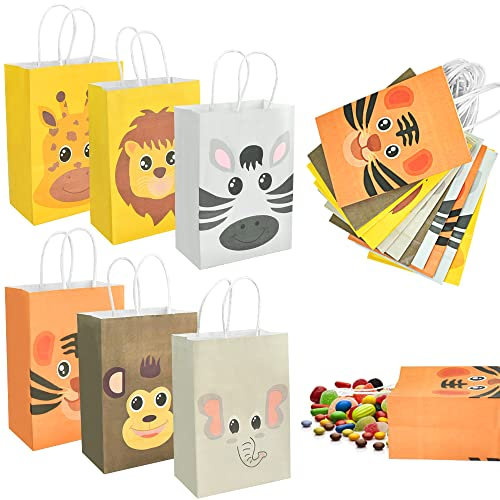 THATSRAD 12 Stück Papiertüten mit Tierbildern Kindertüten Geschenk Tüten mit Griff Geschenktüten Tiere Kindergeburtstag Partytüten Tierische Taschen für Kinder Party Baby Geburtstag 21 * 14.7 * 8cm
