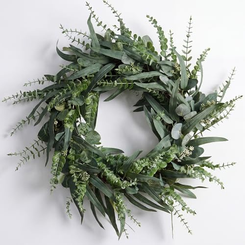 Clycaloor 24 Inch Eucalyptus Wreath for Front Door, Large Size Artificial Greenery Willow Wreaths, Spring Greenery Encalyptus Wreath for Front Door Wall Window Decor