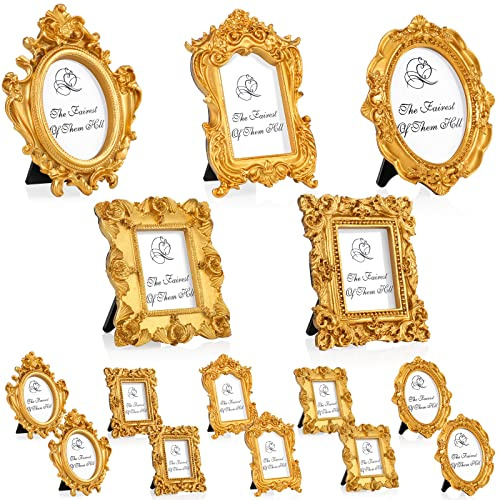 Maitys 15 Pcs Mini Picture Vintage Frames with Stands Tiny Antique Photo Baroque Ornate Resin Oval Frame Table Top Display Home Wedding Decor (Gold)