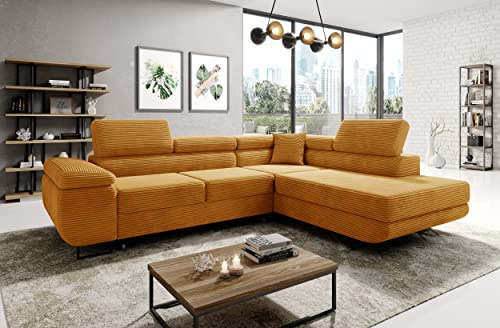 MODERNO Corner Sofa with Cord Sleep Function - Big Sofa ASTORP - Couch L Shape - Sofa Bed with Bed Box and Headrests - 277 x 203 x 100 cm - Right - Mustard - Poso 01