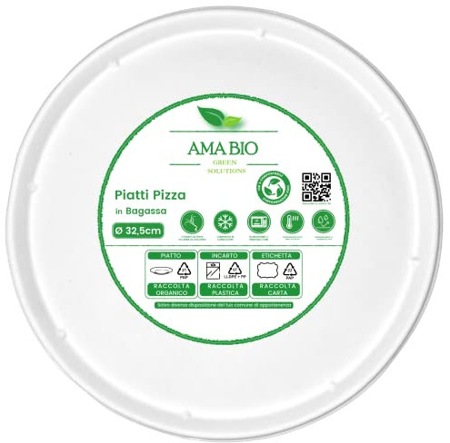 AMA BIO - Piatti piani compostabili da Pizza - Ø 32.5cm - In polpa di canna da zucchero - 300pz
