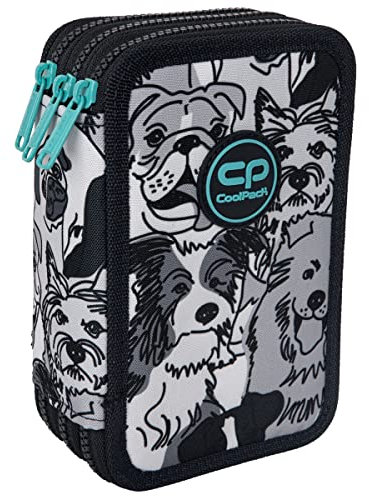 CoolPack XXL Pencil Case 3-Compartment School Pencil Case Triple Pencil Case for Girls Boys Pencil Case 44-Piece Filled Student Case 3-Tier Dogs Planet, Multicoloured, Pencil case