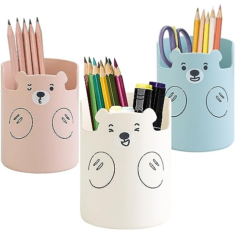 Aipeeo Portapenne, portapenne, rotondo, a forma di orso, adatto per scuole, appartamenti, uffici (Blu Rosa Bianco)