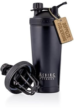 Asbirg Fitness Edelstahl Protein Shaker - 750ml Thermo Eiweiss Shaker | Für heiße & kalte Getränke | Auslaufsicher & BPA-frei | Schwarz