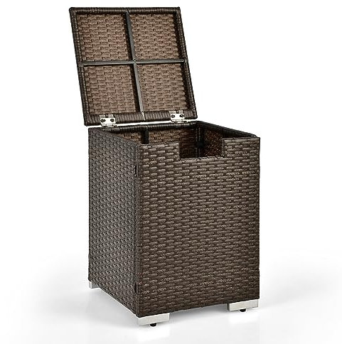 COSTWAY Outdoor Fire Pit with Rattan Table, Gas Bottle Tank Cover, Lava Rocks, Tile Top & PVC Cover, Patio Fire Pit & Storage Box (Propane Tank Table)