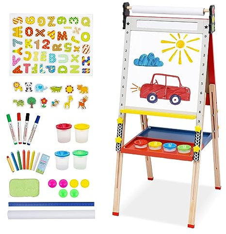 Pizarra Infantil Caballete para Niños Diseño de lazo Pizarra Blanca y Altura Ajustable Tablero de Dibujo de Doble Cara para Niños (Rojo)