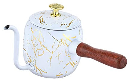 Duiaynke Hervidor de café con cuello de cisne, mini hervidor de 500 ml con mango de madera, cafetera, cafetera de goteo, tetera larga y estrecha de acero inoxidable (blanco)