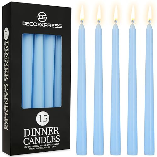 DECO EXPRESS Candles Set, Pack of 15 Classic Dripless Tapered Metallic Dinner Candles, Unscented with 8 Hours Burning Time, Home, Valentine’s Day & Mother’s Day Decor Idea (Baby Blue, 15 Pack)