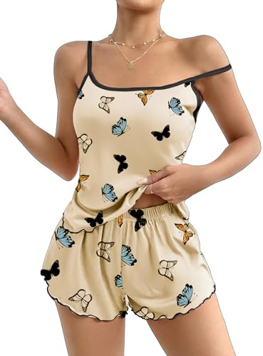 Ekouaer Womens Cami Pajama Sets 2 Piece Cute Print Pjs Soft Tank Top & Elastic Waist Shorts Camisole Lounge Set Beige Butterfly M