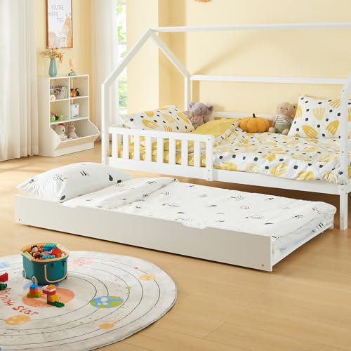 [en.casa] Cassettone Sottoletto Estraibile Letto Singolo Supplementare con Rotelle Letto Secondario a Cassetto con Ruote 197 x 94 x 22 cm Legno di Pino Bianco