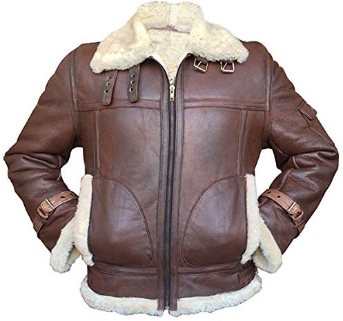CHAYELL Mens B3 RAF Aviator White Fur Shearling WW2 Pilot Black Genuine Lambskin Leather Bomber Jacket (US, Alpha, Small, XX-Large, Regular, Regular, Brown)