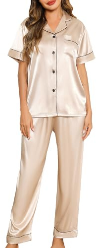 Lovasy Pyjama Satin Femme Short Ensemble Pyjamas Manches Courtes Chemises de Nuit Sexy Chic Ete 2 Pièces Vêtements de Nuit en Soie Boutonnée, Y-Champagne M