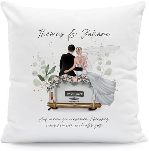 GRAVURZEILE Cuscino stampato con configurazione – auto nuziale – Personalizzato con nome – Motivo completamente personalizzabile da personalizzare – Regalo personale per gli sposi per il matrimonio
