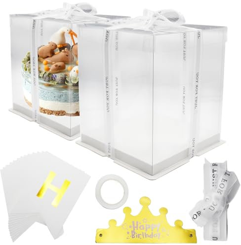 SHENSAIGO 2 Stück Transparent Tortenbox Geschenkbox Durchsichtig, Tortenschachtel Tortenbox 21.5×21.5×25cm, Transparent Transportbox Tortenboxs, Cake Boxes mit Sockel und Band für Geburtstag Dessert