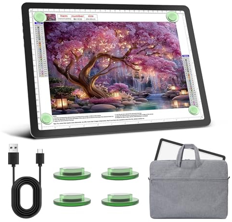 Leuchttisch A4 mit Tasche, 5600 Lux Sehr Hell LED Lightpad mit Seitliche Tasten, Magnetischer Clip, 6 Stufige Dimmung 3 Farbtemperatur Light Pad Lichtpad für Diamond Painting, Zeichnen Skizzieren