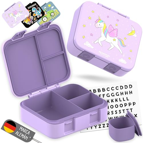 BEARFOOT Bento Box COMPACT Lunchlåda för barn (enhörningslila, 1 000 ml) | BPA-fri, läckagesäker matlåda med fack, för skola och förskola, för flickor och pojkar, lätt och kompakt