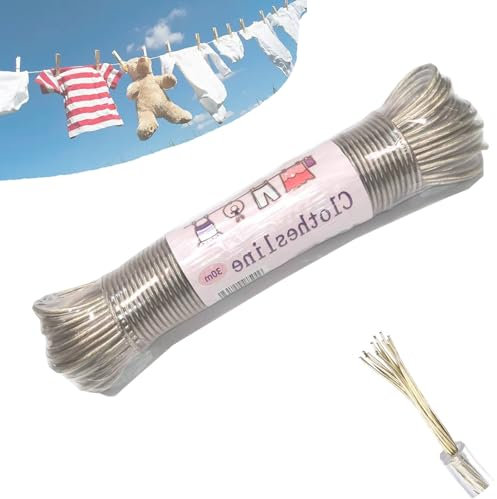 WLHFDC Filo per Stendere Il Bucato da Esterno,30m Filo Stendibiancheria per Esterno,Cavo Stendibiancheria per Esterno Antiruggine e Impermeabili,2.5mm Corda per Stendere I Panni Esterno,Capacità 120KG