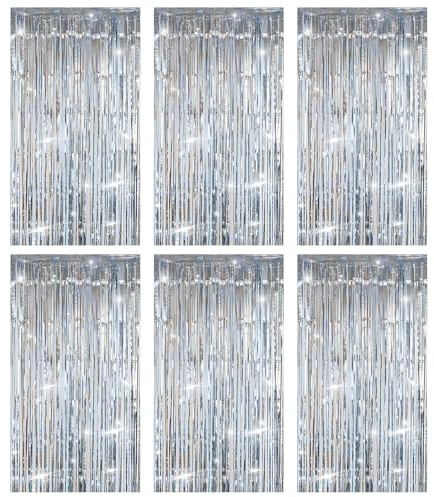 DUTIFUL 6 tende in argento con brillantini, con frange, per feste, decorazioni di compleanno, matrimoni, festival, decorazioni da palcoscenico (1 m x 2 m)