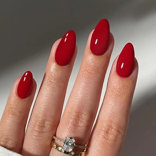 Press On Nails - Pure Red Fake Nails With Glue - False Nails Short Medium Almond - Glossy Oval French Tip Acrylic Nail - Natural Full Cover Stick on Nails for Women Daily Nail Art Accessories