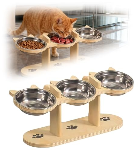 Ciotola per gatti rialzata, mangiatoia per gatti con 3 ciotole in acciaio inox, ciotola per cibo gatto rialzata con supporto in legno, ciotola per cibo e ciotola per acqua, set per gatti cuccioli e