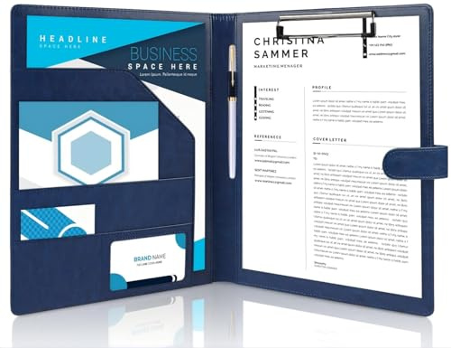 Porte Documents A4 à Clip, Document Conférencier en PU Cuir, Portfolio A4, Porte Bloc Support, Range Documents, Planchettes Porte-formulaires avec Porte-stylo et Fermeture Magnétique (Bleu Foncé)