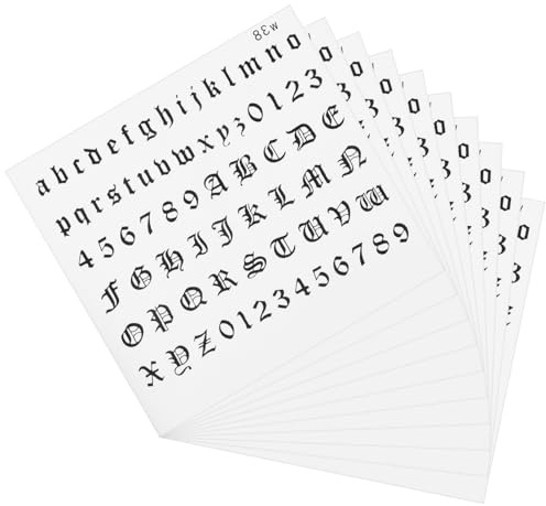 LXUEJIE 10 fogli di tatuaggi temporanei con lettere dell'alfabeto gotico, numeri adesivi per dita finte, lettere finte personalizzabili, date per mani, collo, nocche e braccia, inchiostro nero